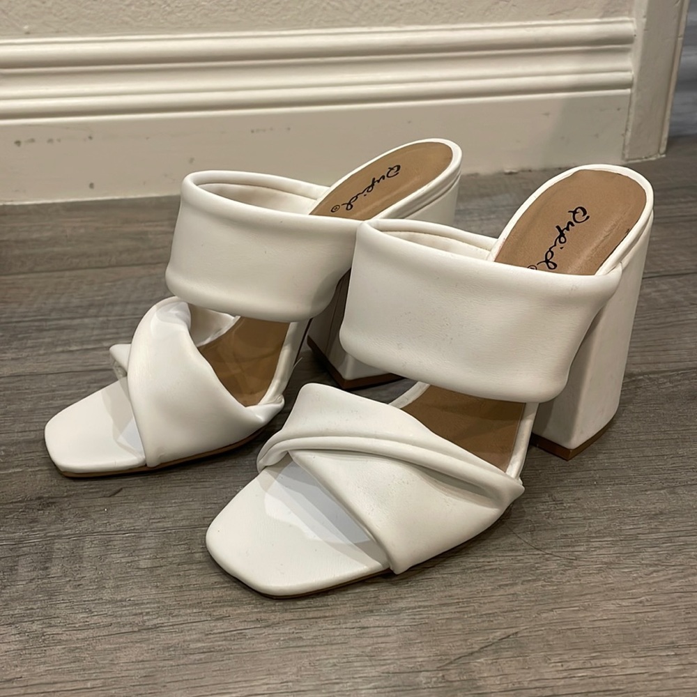 White chunky sandal heels